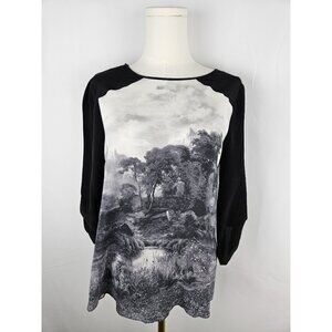 BCBGMaxAzria Silk Addy Blouse Sz. Small Landscape Print Artsy Art To Wear B&W